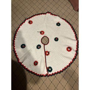 Vintage Handmade Knit Crocheted Red, Green & White Christmas Tree Skirt 40 inch
